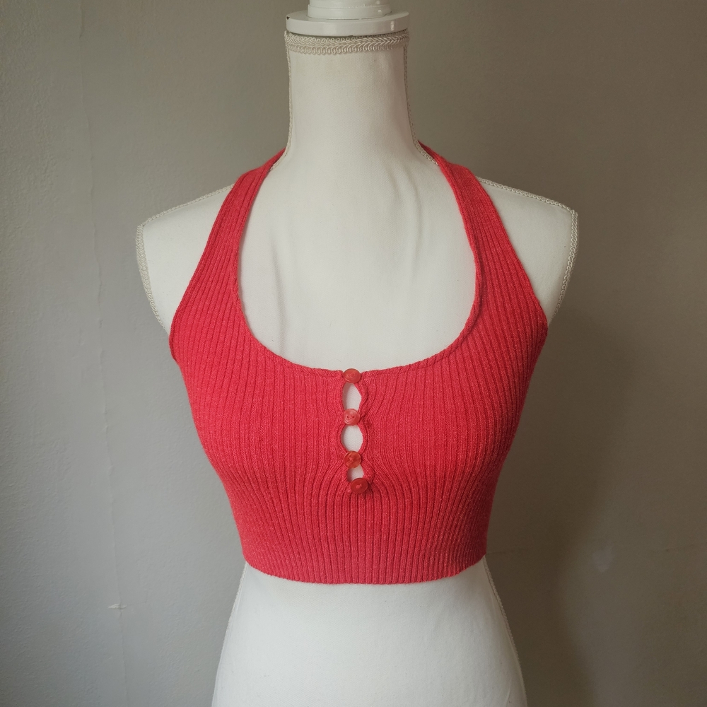 Vintage Glamour Knit Ribbed Top in Bright Coral Red